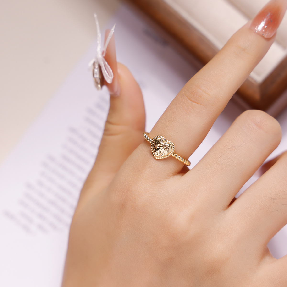 Women's Adjustable Hammered Heart Open Ring, Stackable Design